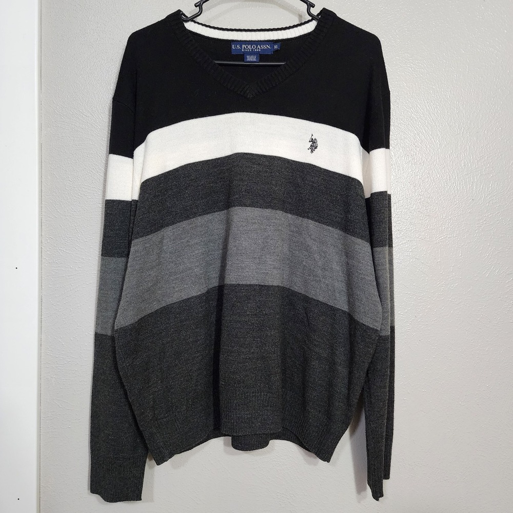 U.S Polo Assn‎ Acrylic Gray Black White Striped Men's V-Neck Sweater Size XL